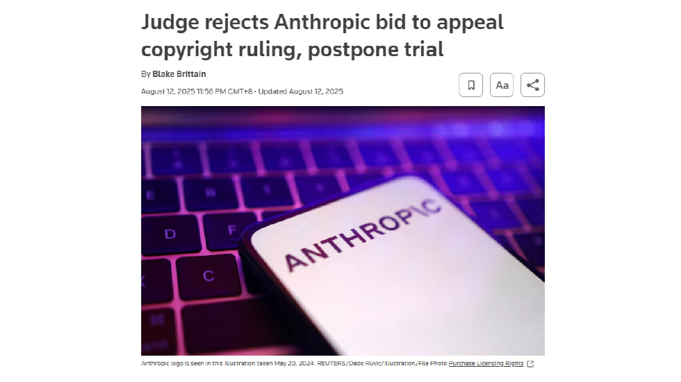 Judge rejects Anthropic bid to appeal copyright ruling, postpone trial - Reuters
