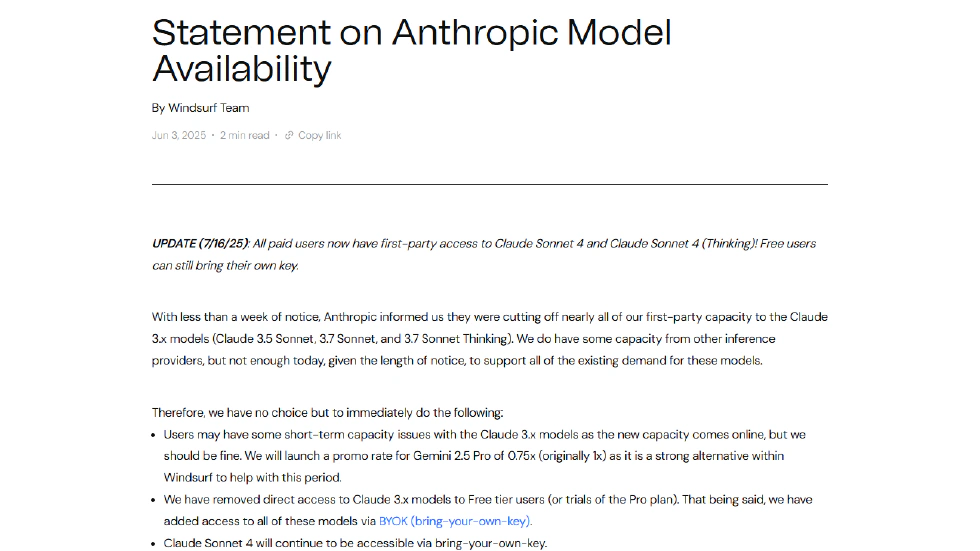 Statement on Anthropic Model Availability - Windsurf