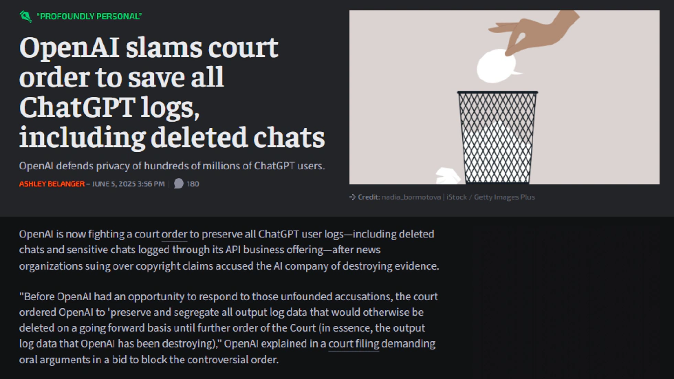 OpenAI slams court order to save all ChatGPT logs, including deleted chats - Ars Technica