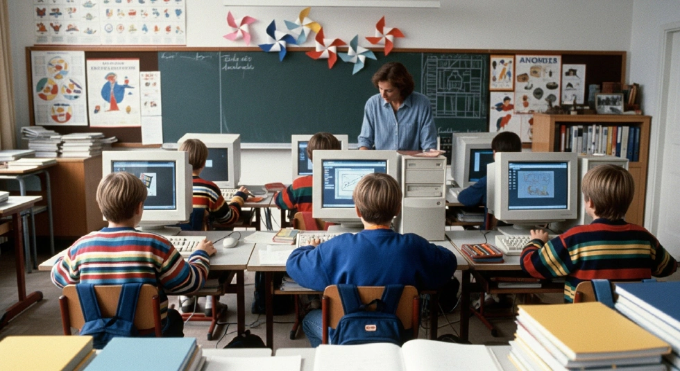 The computer classroom of an elementary school in the 1990s.