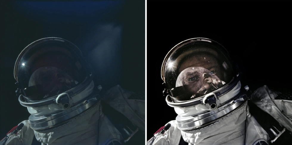 Before / after showing the image transformation. Buzz Aldrin is revealed as he takes the first selfie in space on Gemini 12, November 12, 1966. - via NASA
